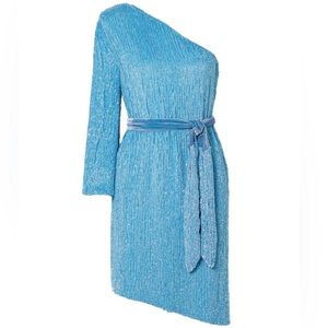 Blue Retrofete One Shoulder Long Sleeve Dress